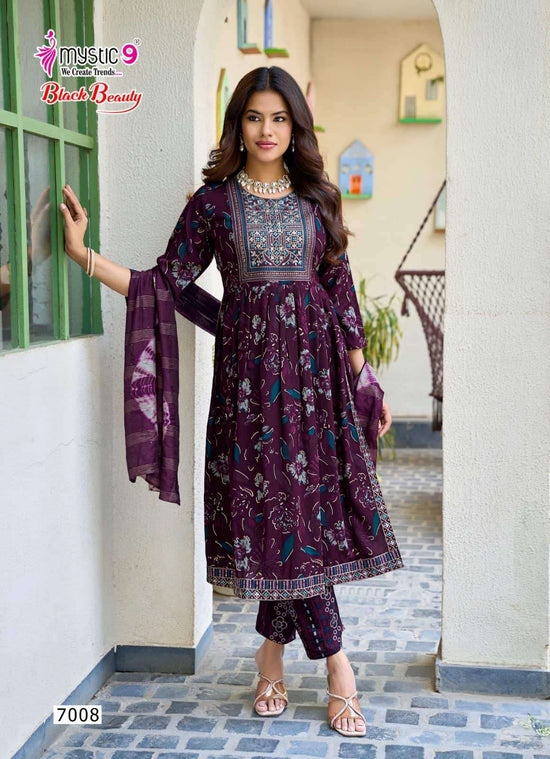 Black Beauty Deep Purple Floral Anarkali Rayon Kurti Pant Dupatta Set