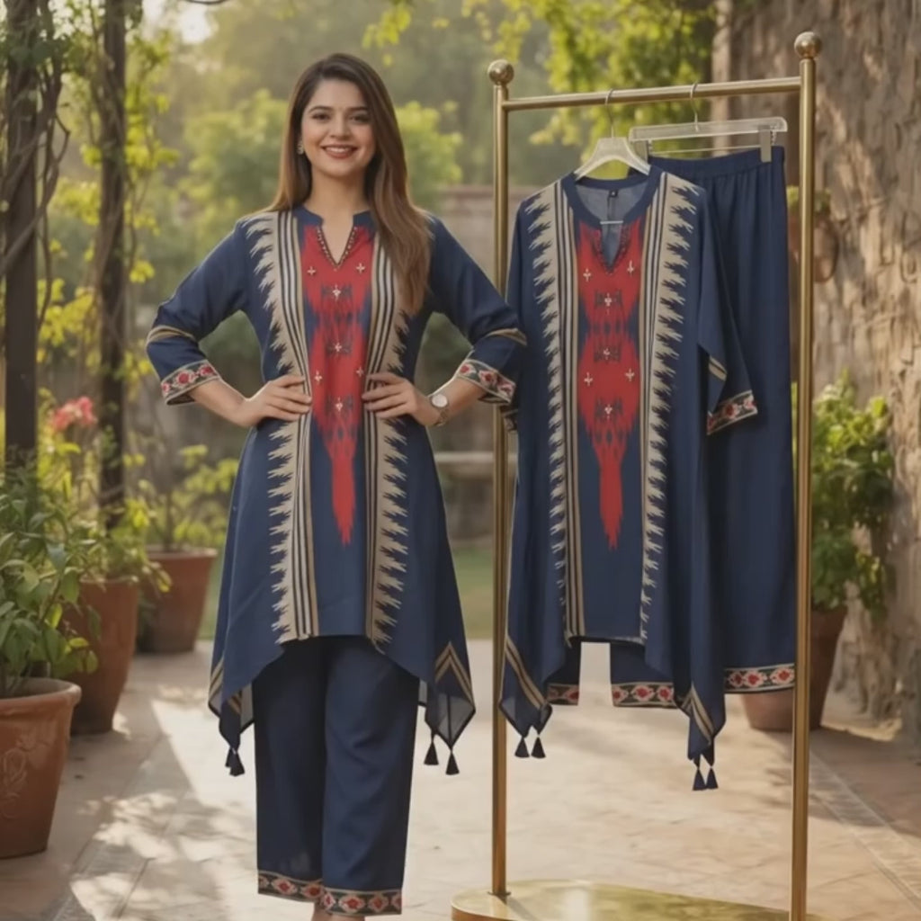 Muslin Cotton Digital Print Hand Work Kurti Pant Set