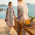 Close-up view of lavender leaf print cotton kurti fabric and design details