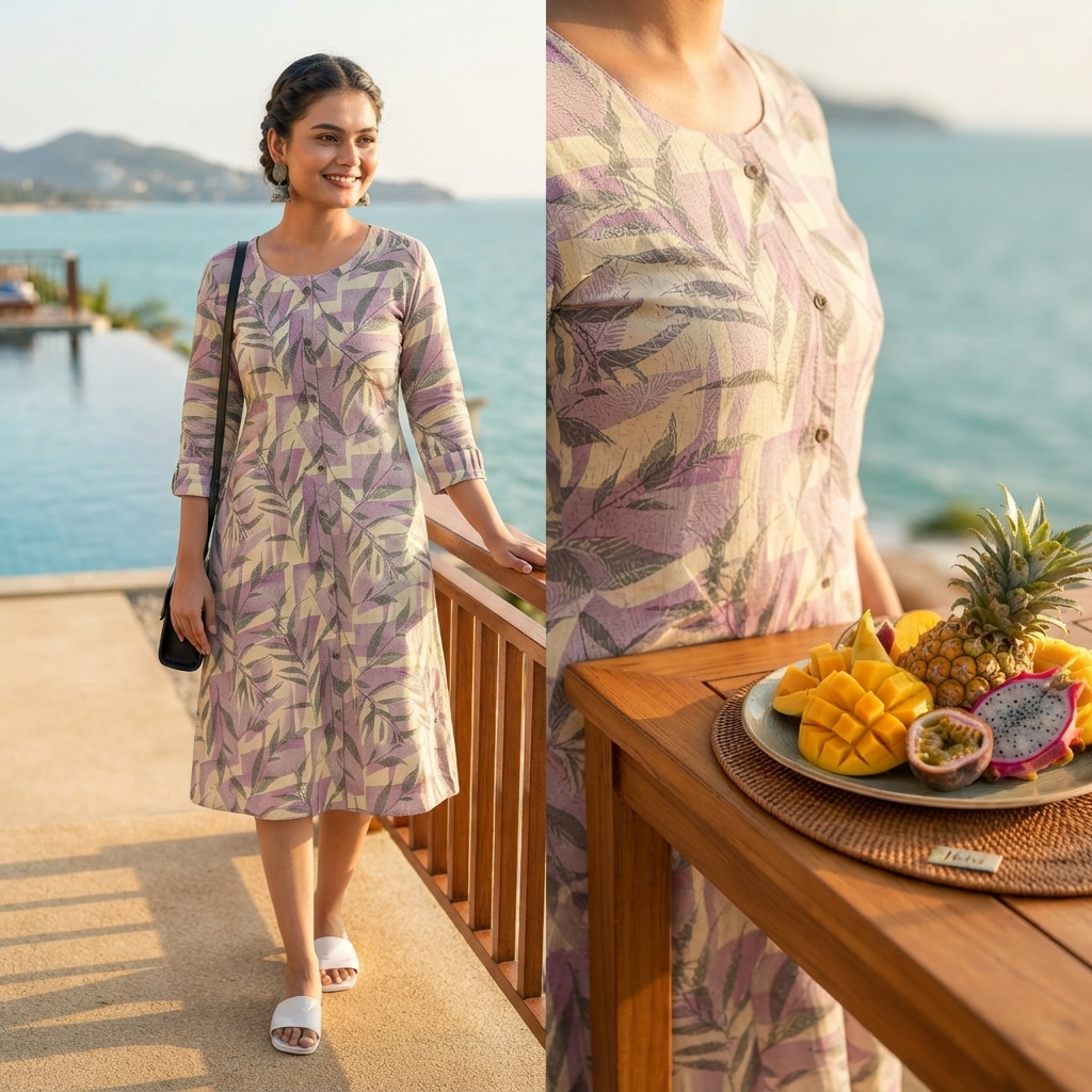 Close-up view of lavender leaf print cotton kurti fabric and design details