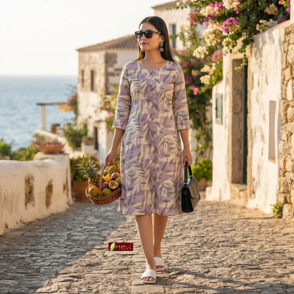 Woman wearing lavender leaf print cotton A-line kurti with round neck and 3/4 sleeves