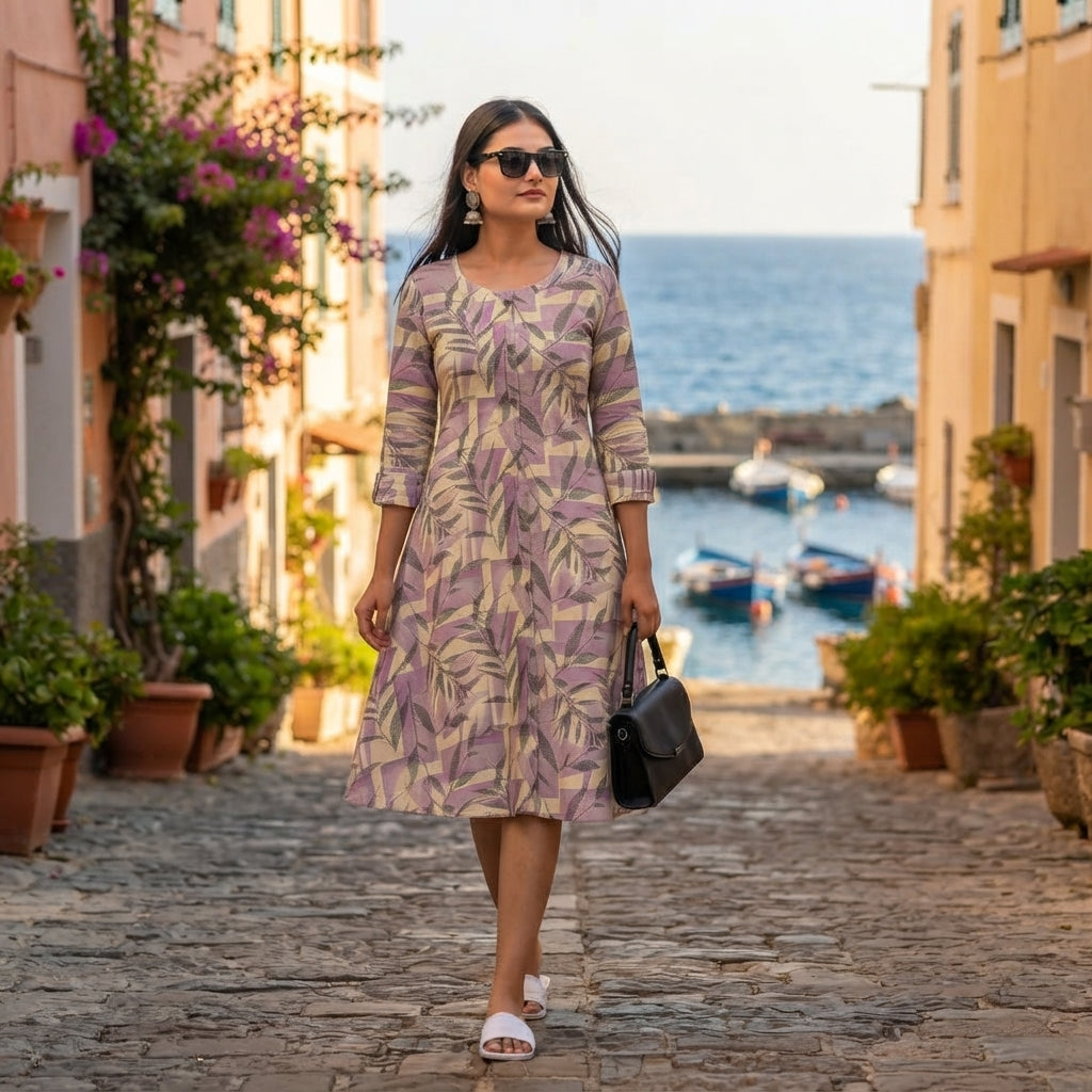 Women's lavender and beige leaf print cotton kurti with 3/4 sleeves and round neck