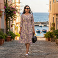 Women's lavender and beige leaf print cotton kurti with 3/4 sleeves and round neck