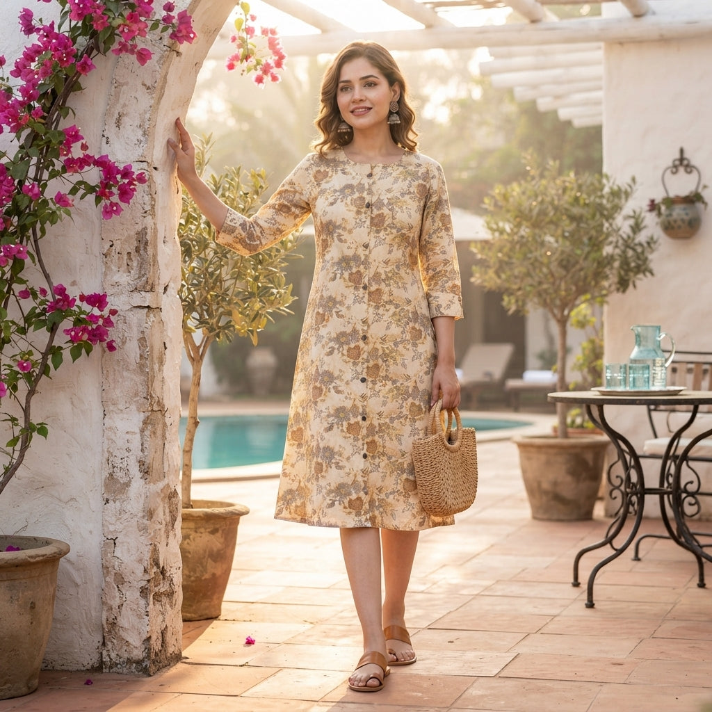 Woman wearing beige floral printed cotton A-line kurti with three-quarter sleeves and front button detailing