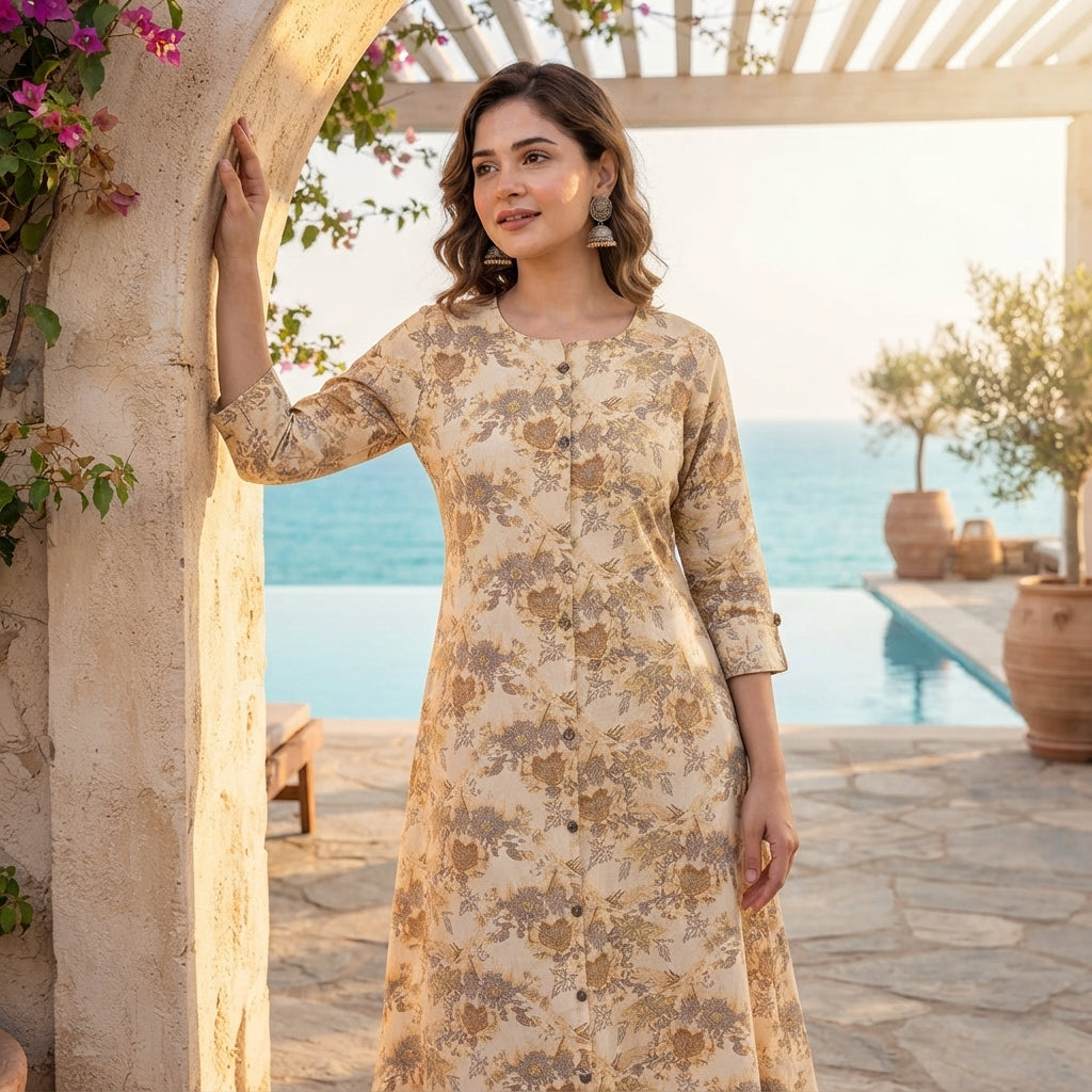Beige floral printed cotton A-line kurti for women with three-quarter sleeves and front button placket