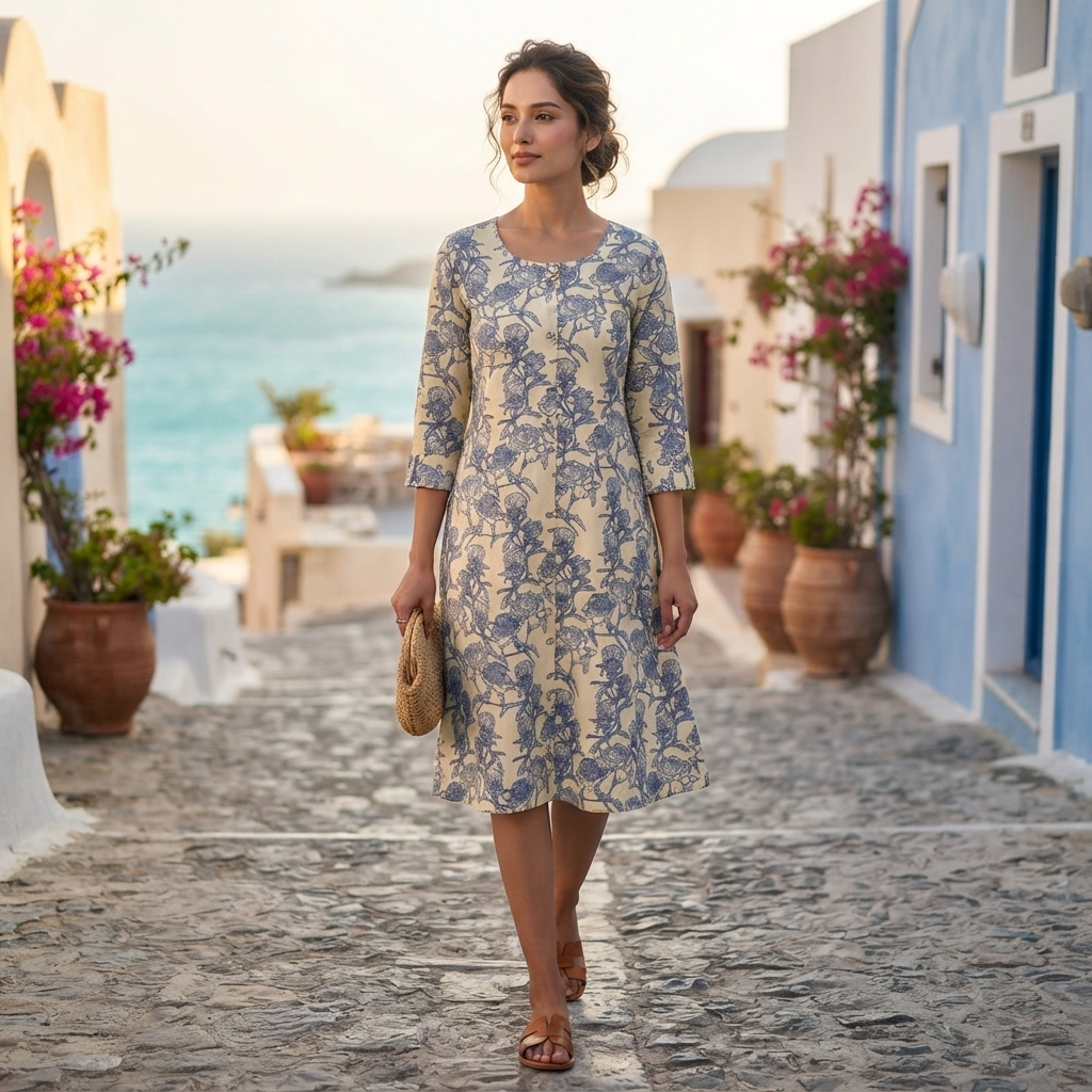 Stylish Cream and Blue Printed Cotton Kurti for Women