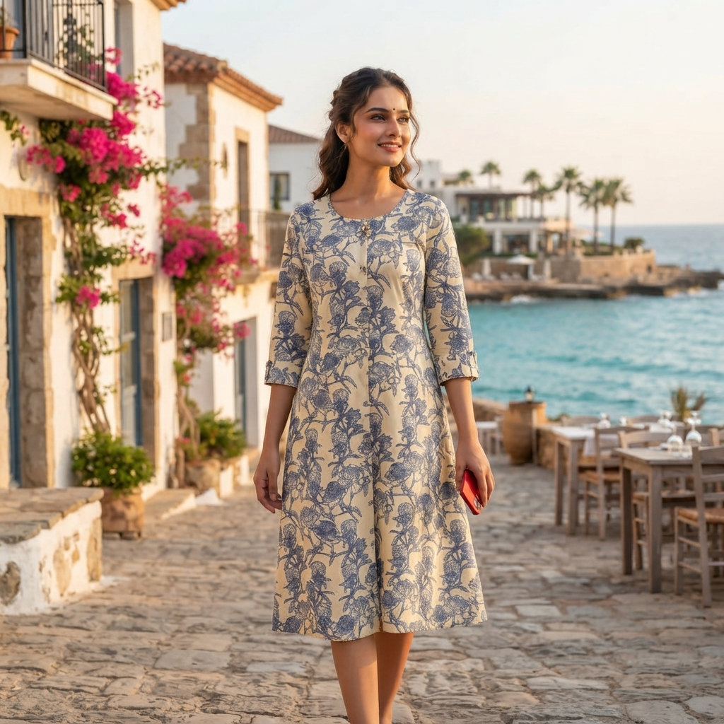 Premium Floral Printed Cotton Kurti for Women in Coastal Resort Setting
