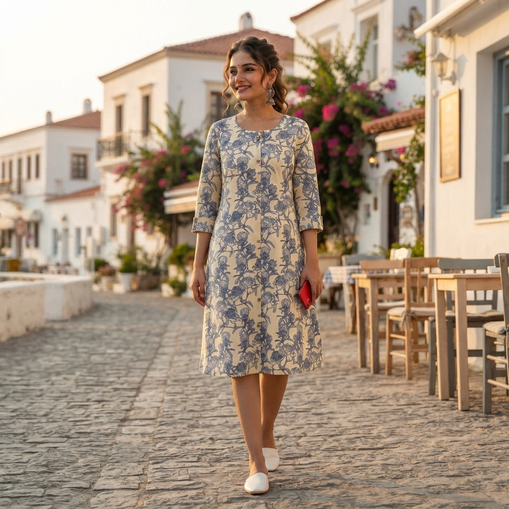 Elegant Cream Cotton Kurti with Blue Floral Print for Women