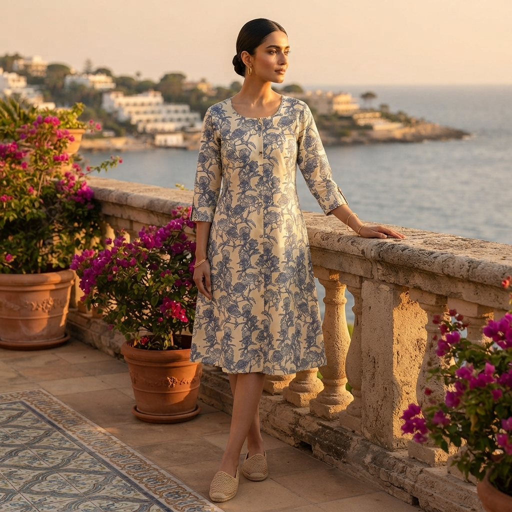 Women's Floral Cotton Kurti with 3/4 Sleeves and Round Neck