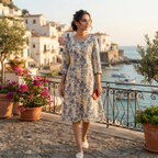 Women's Cream and Blue Floral Printed Cotton Kurti with 3/4 Sleeves - Mediterranean Coastal Style