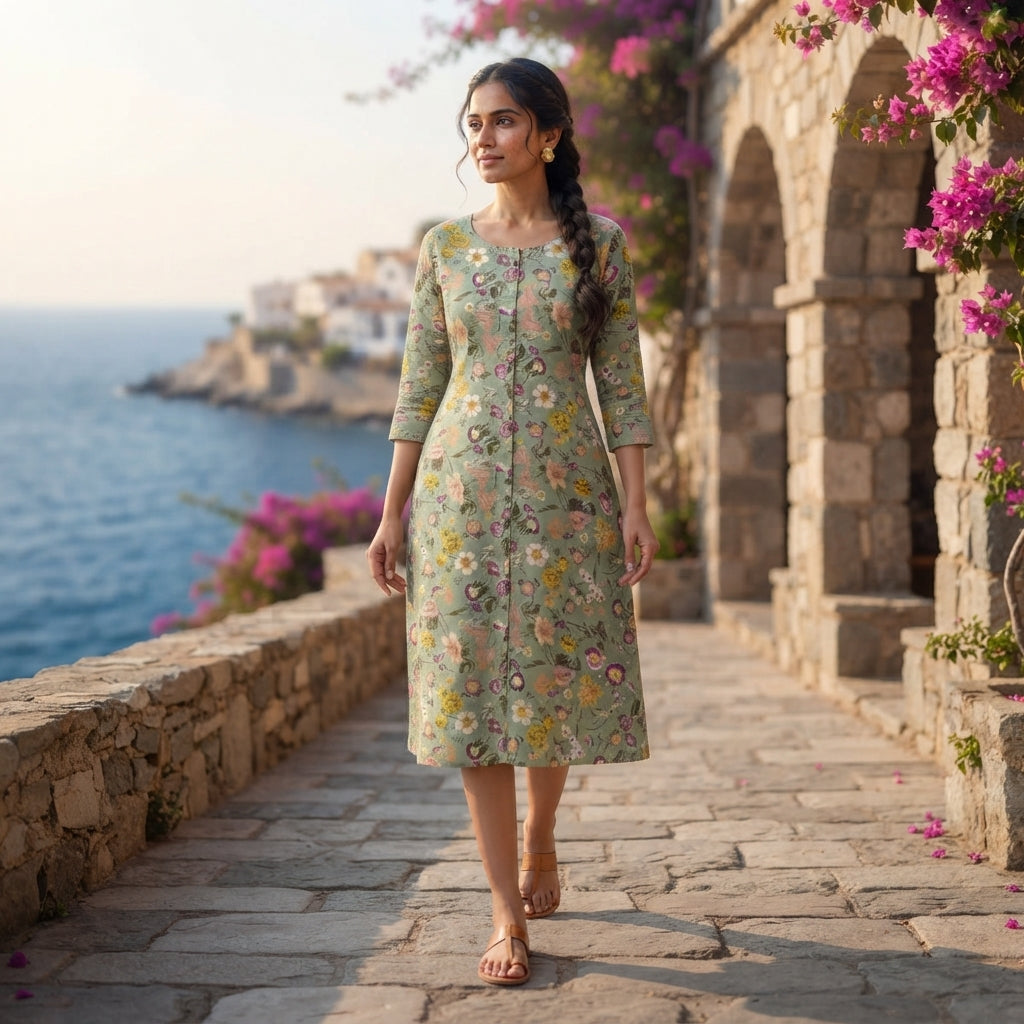 Priyanshi Sage Green Floral Printed Cotton Kurti for Women
