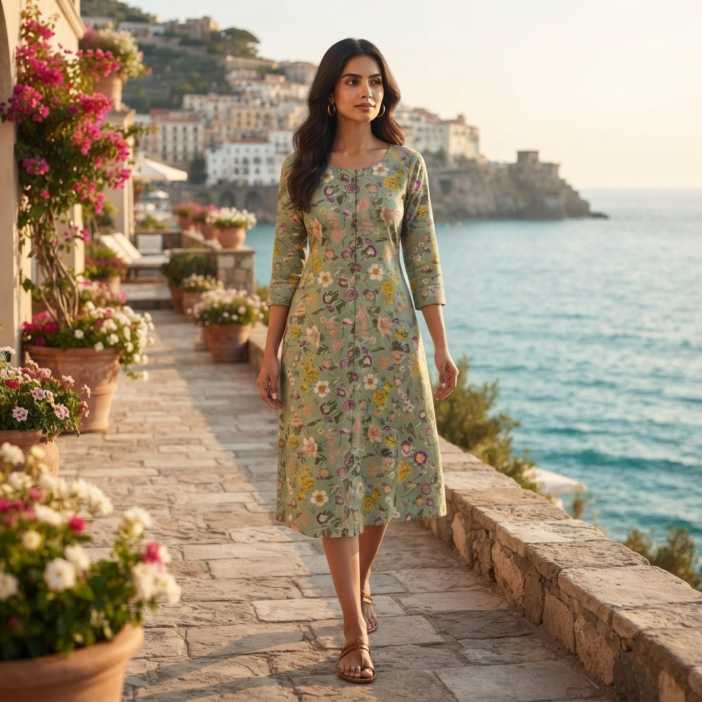 Priyanshi Sage Green Floral Printed Cotton Kurti for Women