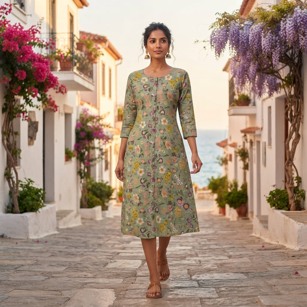 Priyanshi Sage Green Floral Printed Cotton Kurti for Women