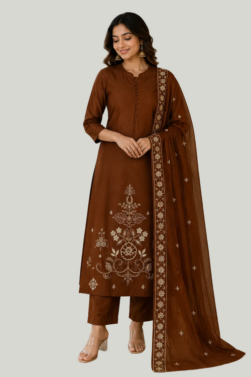 A woman modeling a brown traditional salwar kameez suit with matching trousers and a sheer dupatta featuring beige floral embroidery and border details, set against a plain white background.