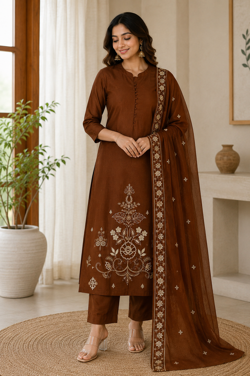 A woman models a traditional brown Indian salwar kameez suit with white embroidery, featuring a long kurta, matching trousers, and a sheer dupatta with a decorative border, set in a bright, modern room.