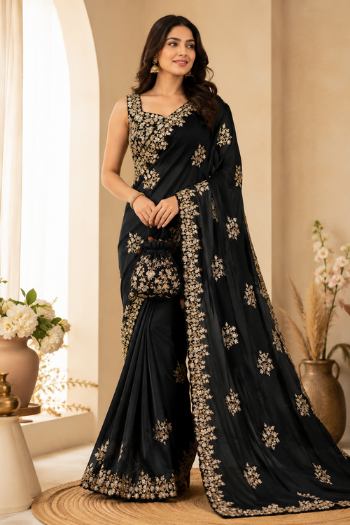 A woman models a black saree with intricate gold floral embroidery on the blouse, border, and pallu, set against a warm beige interior background with decorative plants and a chair.