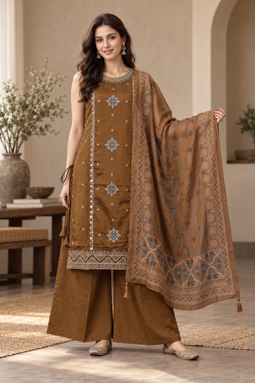 A woman models a brown ethnic salwar kameez suit set with a matching dupatta in a warm, neutral-toned indoor setting. The set features a brown tunic with silver and blue geometric embroidery, wide-leg brown pants, and a brown dupatta with blue and silver patterns.