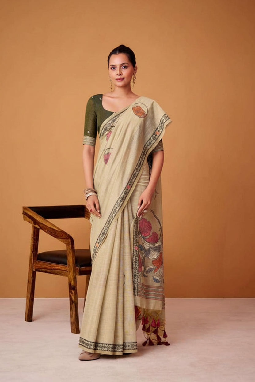 Woman wearing a beige saree with floral patterns on a brown background, featuring the brand 'Rajpath'.