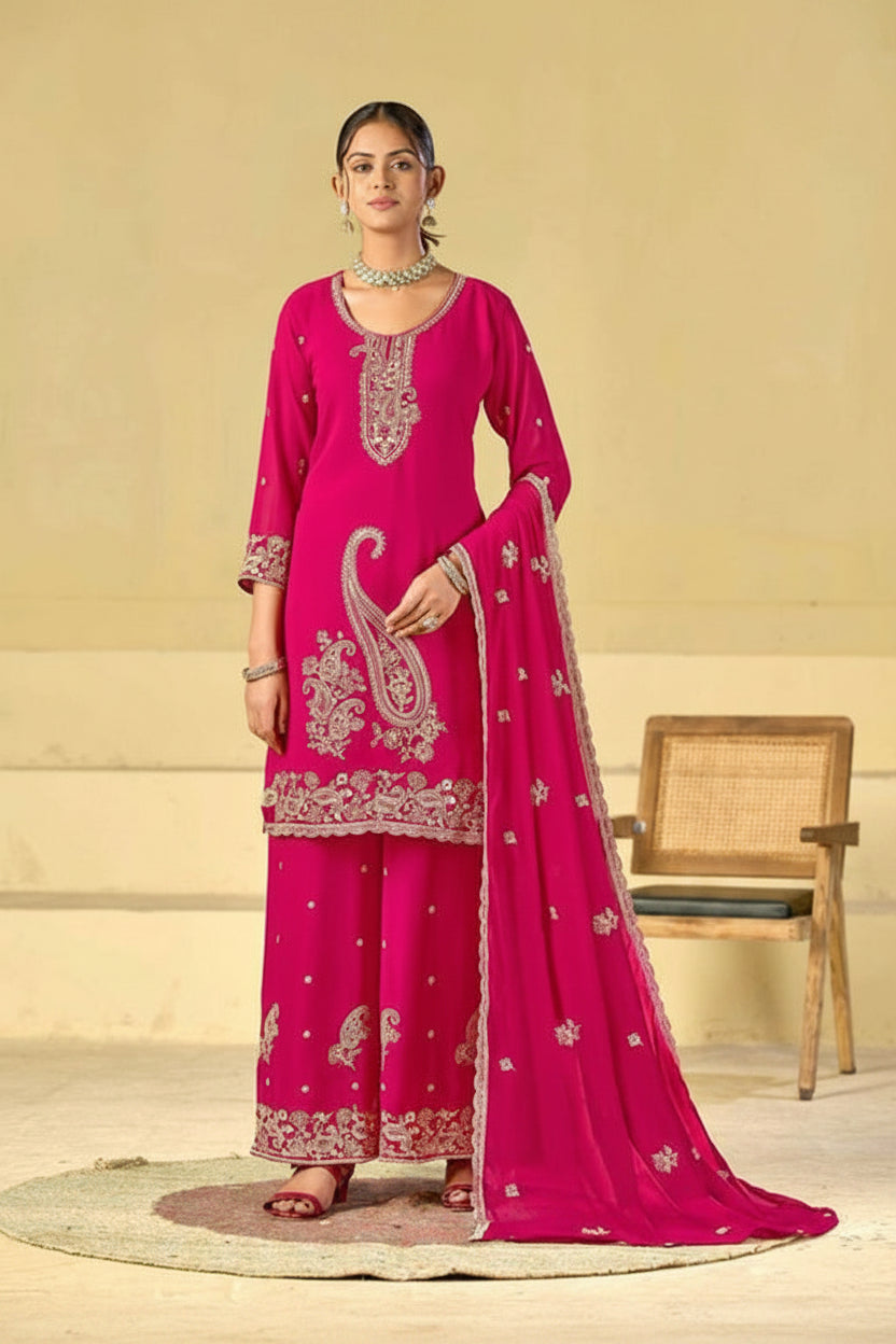 A woman models a bright pink traditional Indian outfit with matching dupatta, featuring white embroidery and a paisley motif. The image has a beige background with a wooden chair and the text 'Rangrut Khushi' in the top right corner.