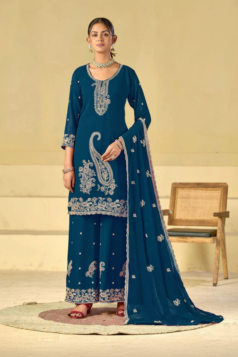 Woman wearing a blue embroidered traditional outfit with 'Rangrut Khushi' branding.
