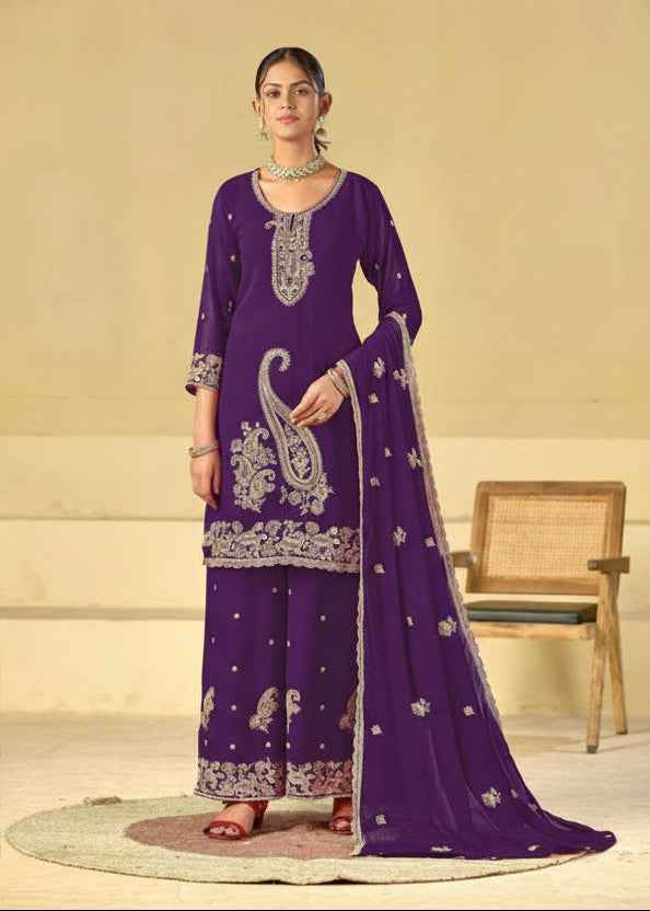 A woman modeling a deep purple traditional Indian outfit with silver embroidery, shown in a split-screen view against a beige studio backdrop with simple wooden chairs.