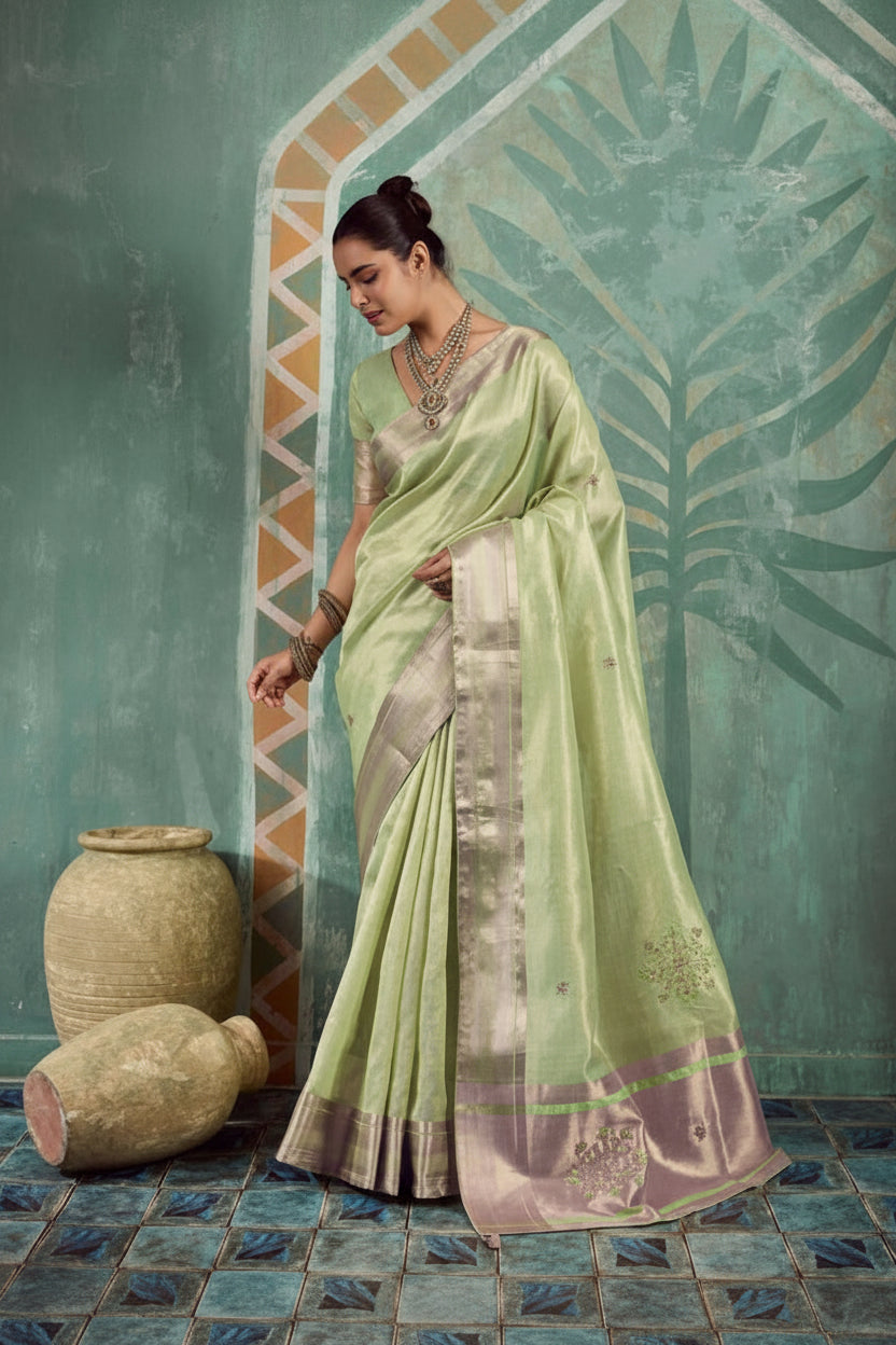 A woman models a light green silk saree with a metallic silver border and floral motifs, standing in front of a textured teal wall with decorative arches and clay pots.