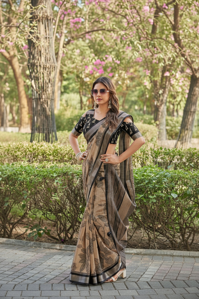 A woman modeling a brown and black printed saree with a black patterned blouse, standing outdoors on a paved path with green hedges in the background. The Siddharth Fabrics logo is visible in the top right corner.