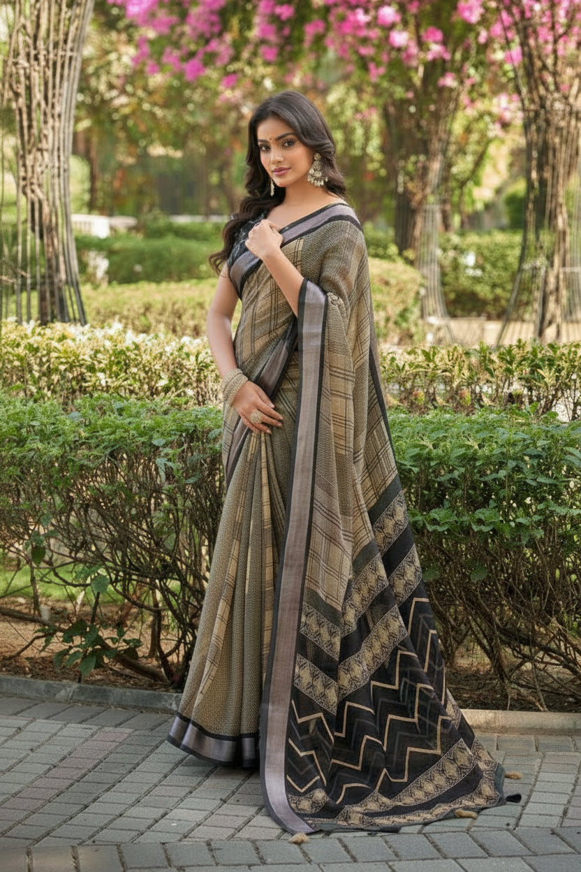 A woman wearing a pleated grey and beige patterned saree stands outdoors in a garden setting with green hedges and pink flowering trees in the background.