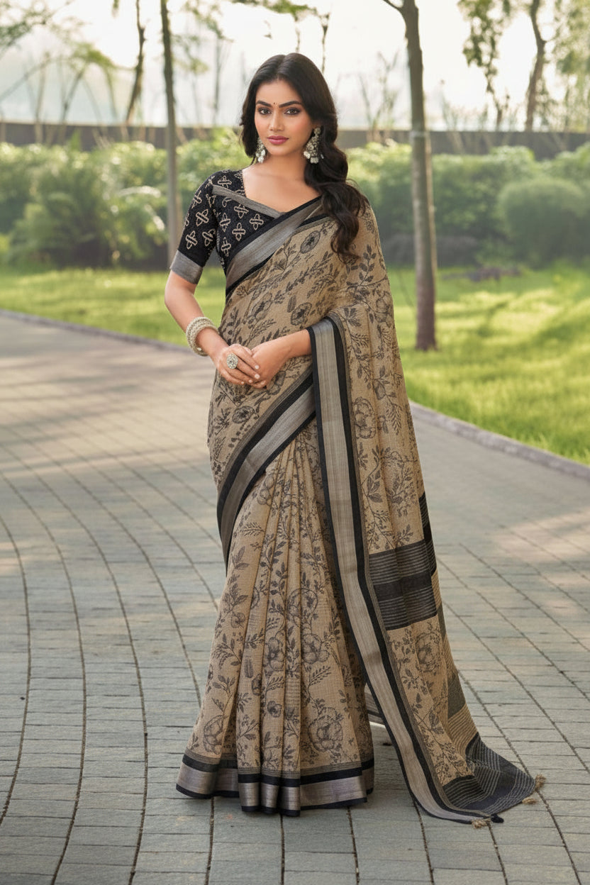A woman stands outdoors on a paved path wearing a beige and black printed saree with a black embroidered blouse. Trees and greenery are visible in the background.