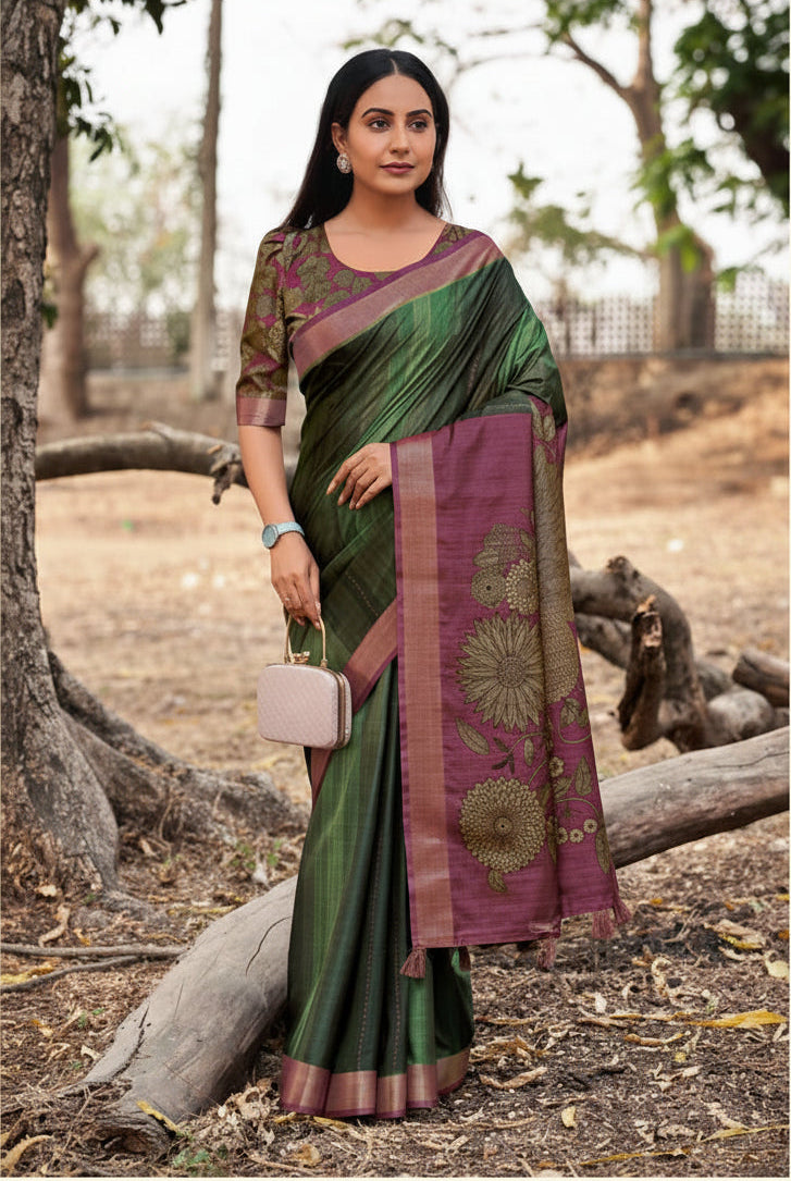 Woman wearing a green and purple saree with a Siddhanth logo in the background
