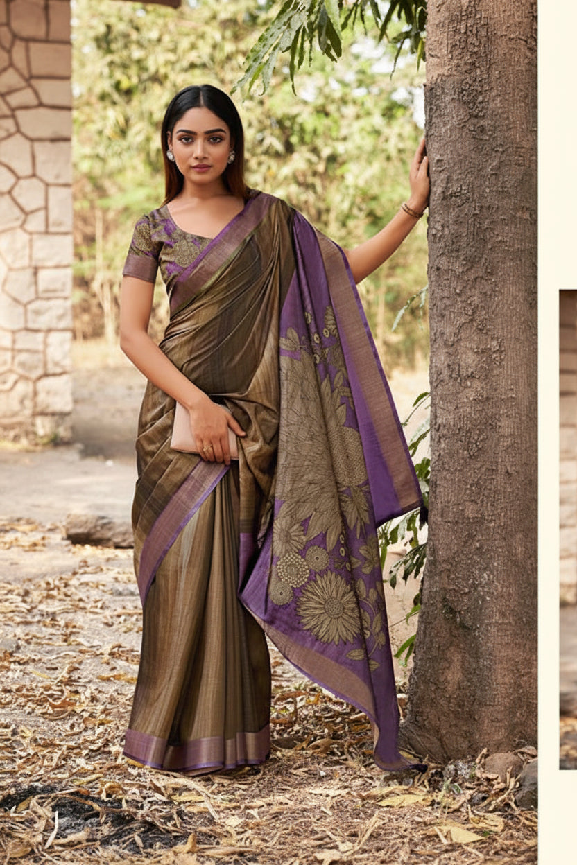 Woman in a traditional saree standing next to a tree with 'Siddhant' branding.