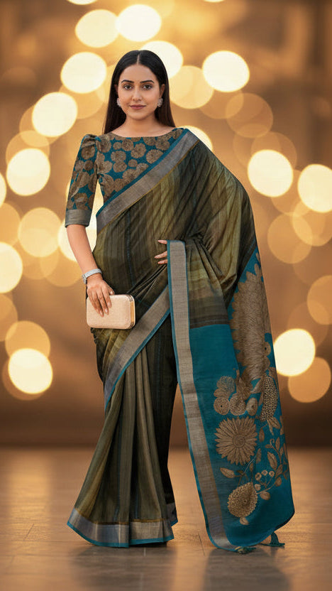 Woman wearing a green and blue saree with a blurred natural background