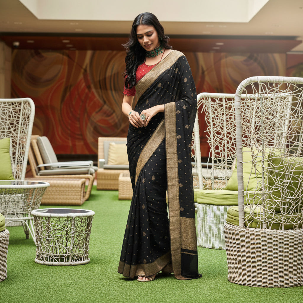 Woman in a black saree with gold border standing in an outdoor setting.