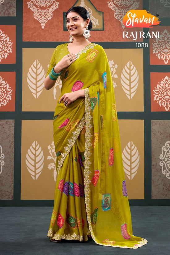 Chiffon Printed Embroidery Saree with Unstitched Blouse