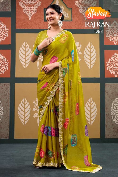 Chiffon Printed Embroidery Saree with Unstitched Blouse