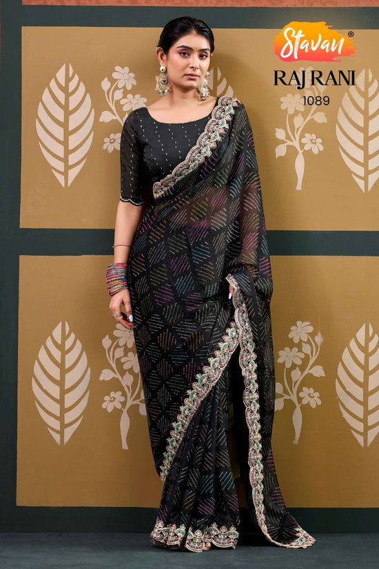 Chiffon Printed Embroidery Saree with Unstitched Blouse