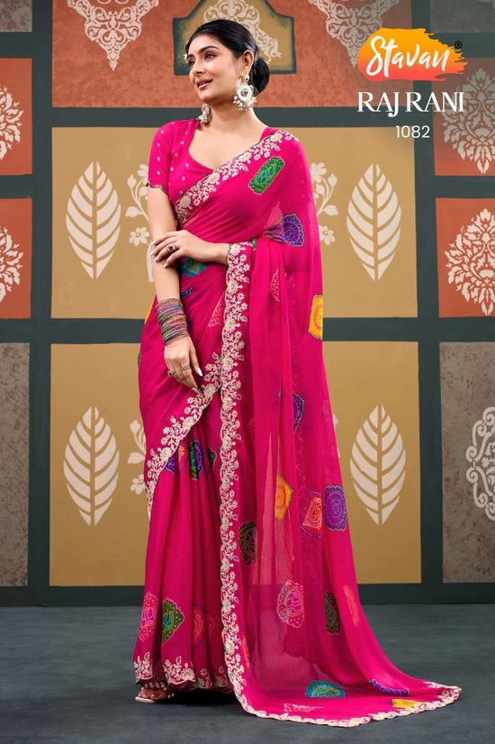 Chiffon Printed Embroidery Saree with Unstitched Blouse
