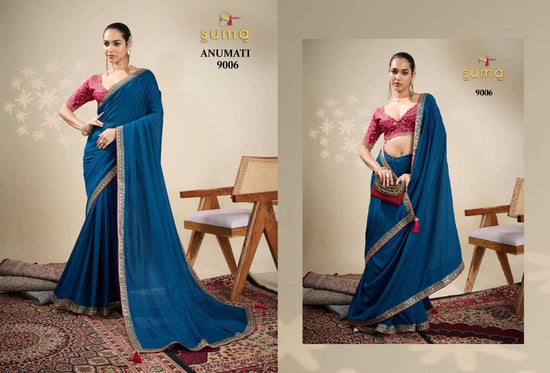 Pure Vichitra Silk Embroidered Saree with Unstitched Blouse