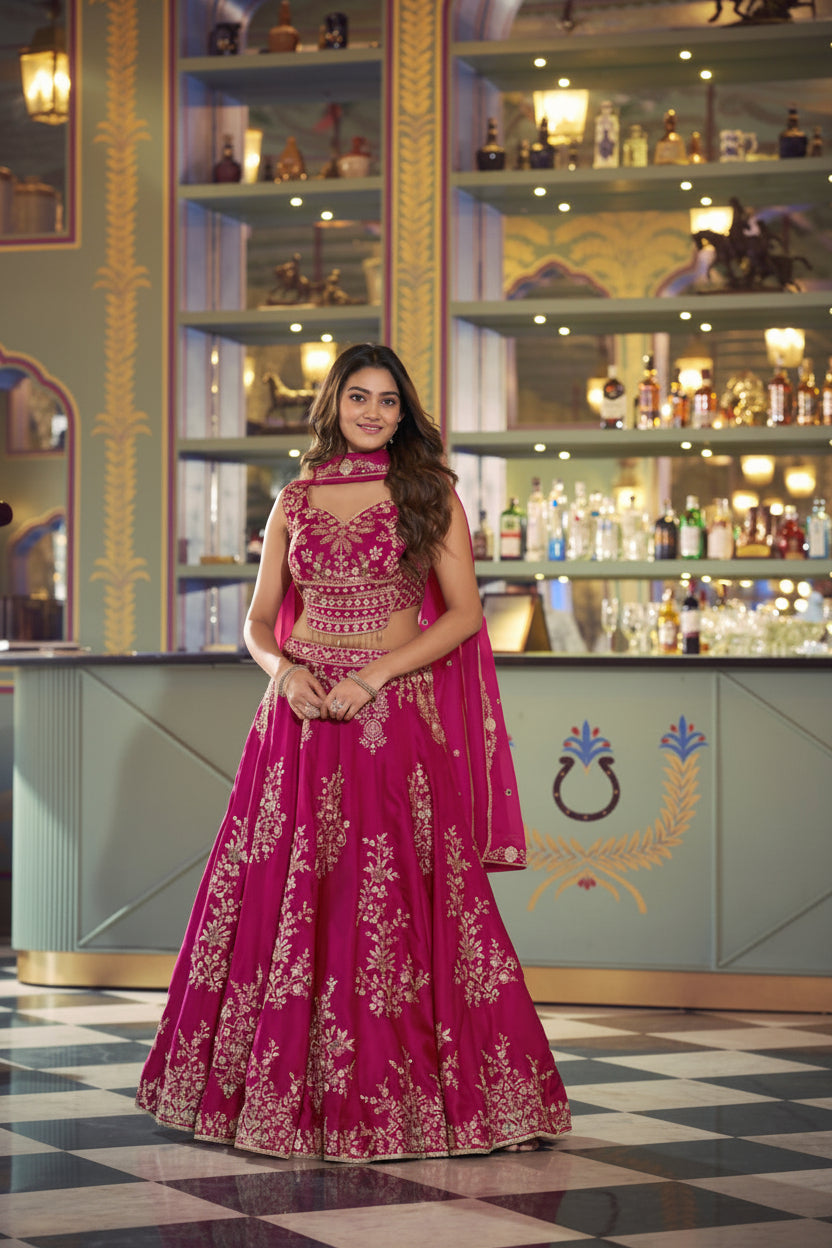 Woman in a pink embroidered dress standing in a bar with shelves in the background
