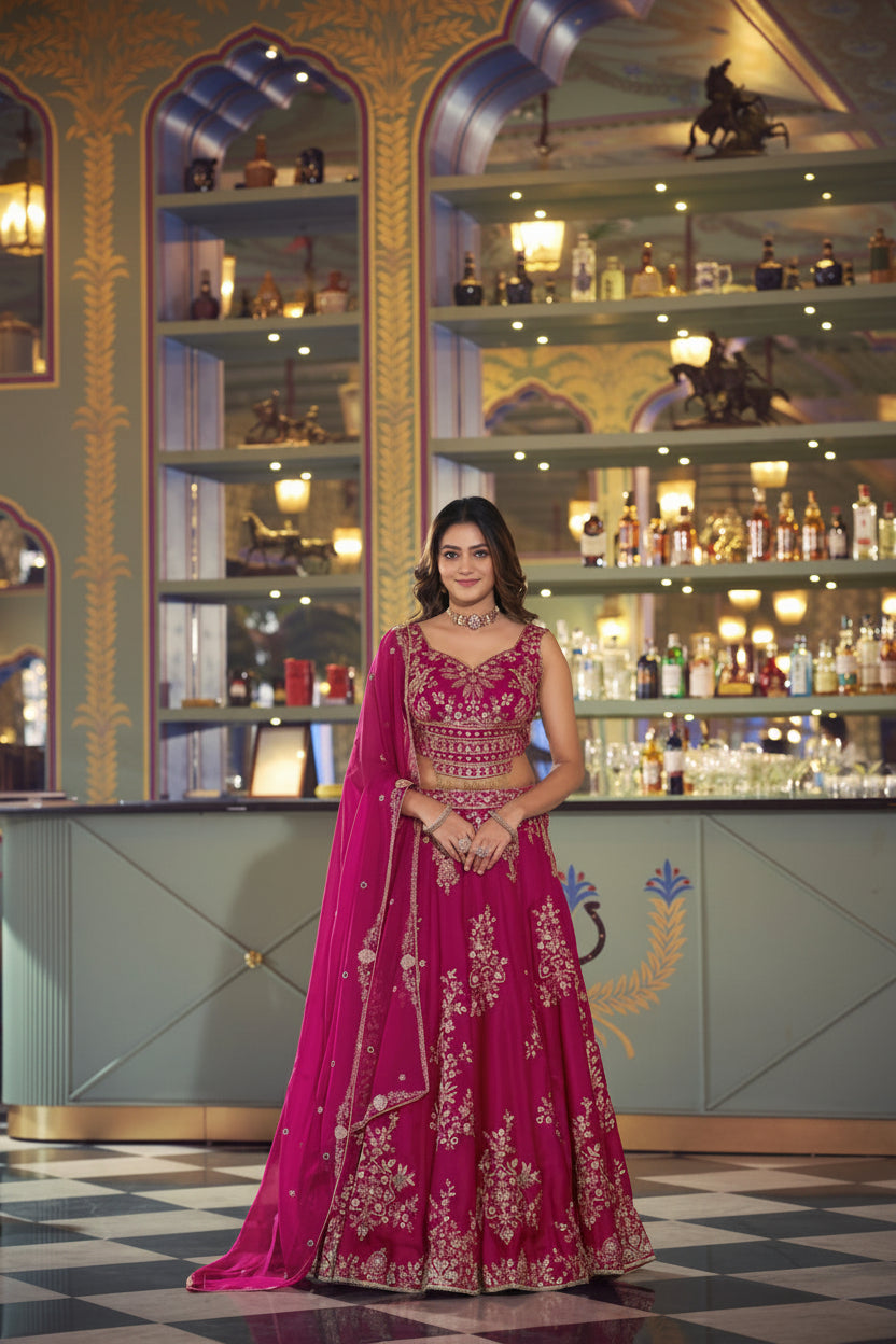 Woman in a pink traditional outfit standing in a decorated room with shelves and lights.
