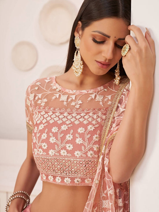 Net Bridal Lehenga Choli with Sequence Embroidery & Lace Border
