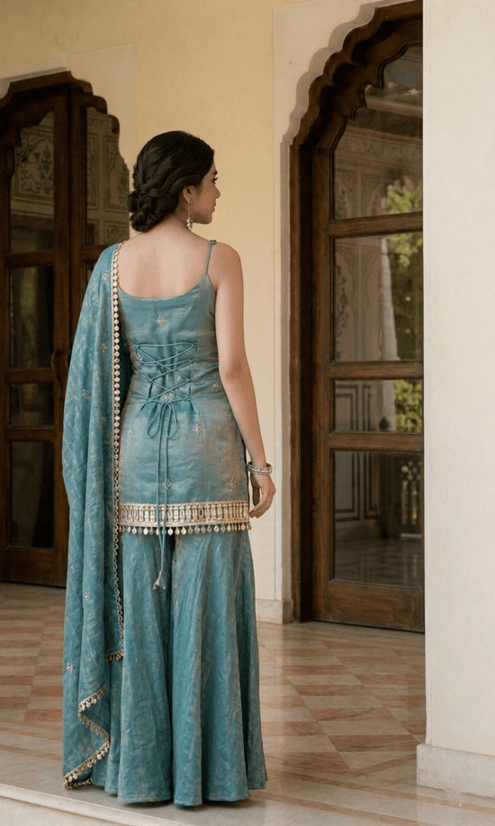 Fandy Fabric Mirror Work Zari Sequins Kurti Pant Dupatta Set