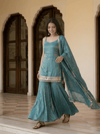 Fandy Fabric Mirror Work Zari Sequins Kurti Pant Dupatta Set