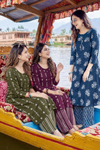 Mannat Navy Blue Floral A-Line Rayon Kurti Pant Set with Side Pocket