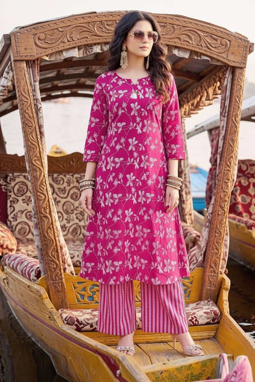 Mannat Pink Floral A-Line Rayon Kurti Pant Set with Side Pocket