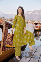 Mannat Olive Green Floral A-Line Rayon Kurti Pant Set with Side Pocket