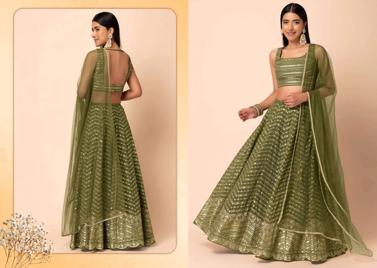 An olive green embroidered lehenga choli set shown on a model from both front and back views against a warm beige background.