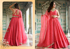 A woman modeling a bright pink traditional Indian lehenga choli dress with gold embroidery, shown in a split front and back view against an ornate courtyard background.