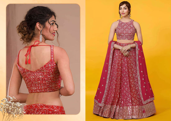 A red and gold embellished Indian ethnic lehenga choli set shown on a model from both front and back views against a yellow and beige studio background.