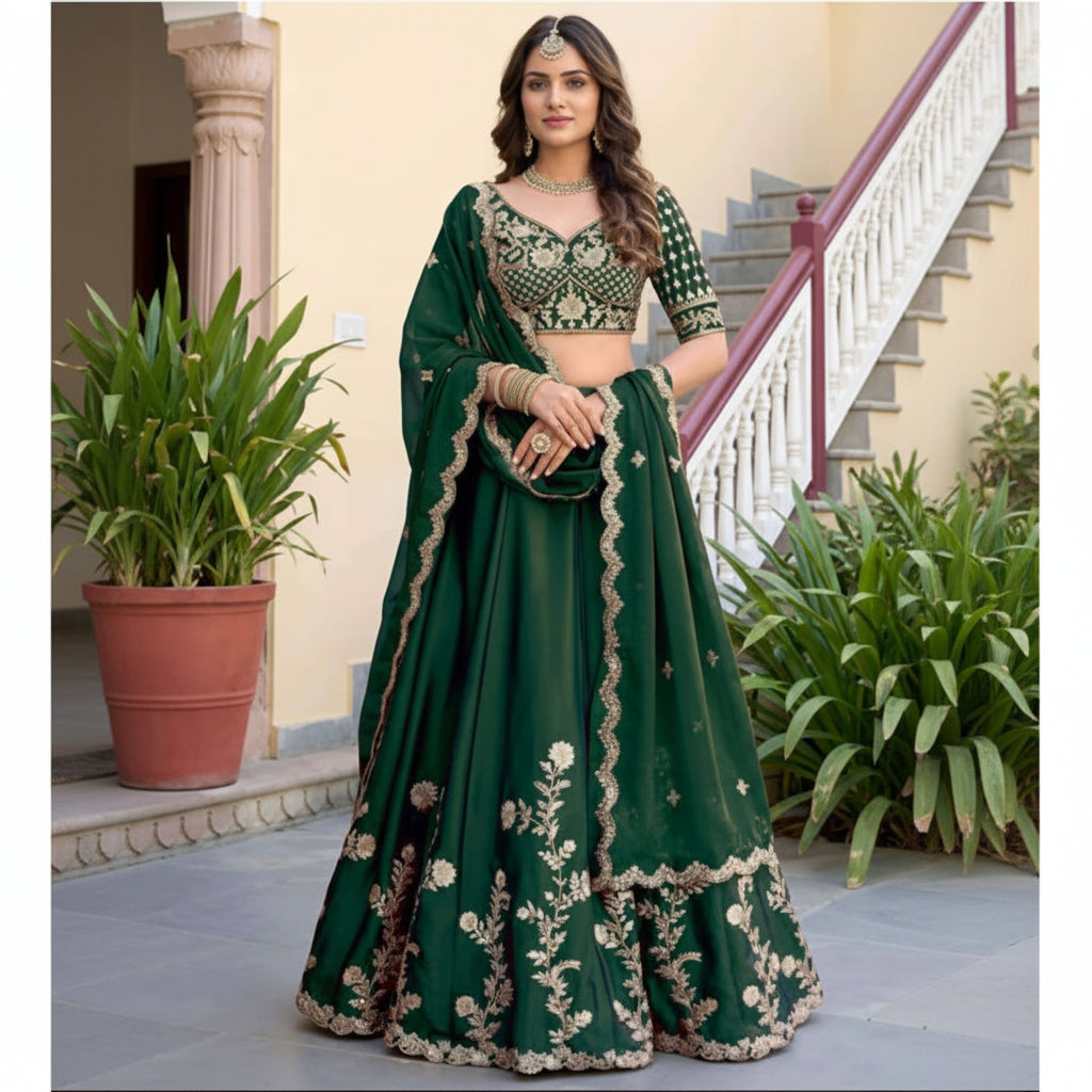 A woman modeling a dark green traditional Indian lehenga choli set with intricate gold embroidery, shown in a split-screen format against an outdoor courtyard background.